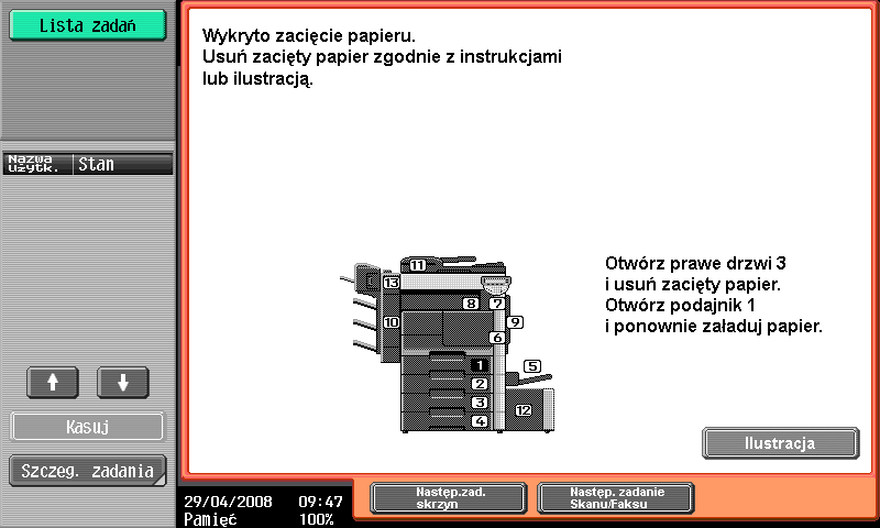 Wprowadzenie 1 1.14 Usuwanie zaciętego papieru Jeśli w trakcie drukowania wystąpi zacięcie papieru, pojawia się komunikat "Wykryto zacięcie papieru.