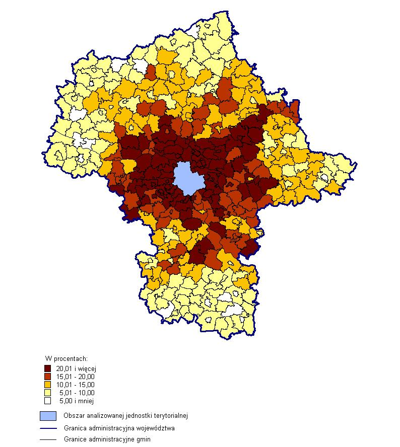 Dojazdy do pracy Udział przyjeżdżających do pracy w Warszawie w liczbie zatrudnionych w gminie zamieszkania w 2011 r.