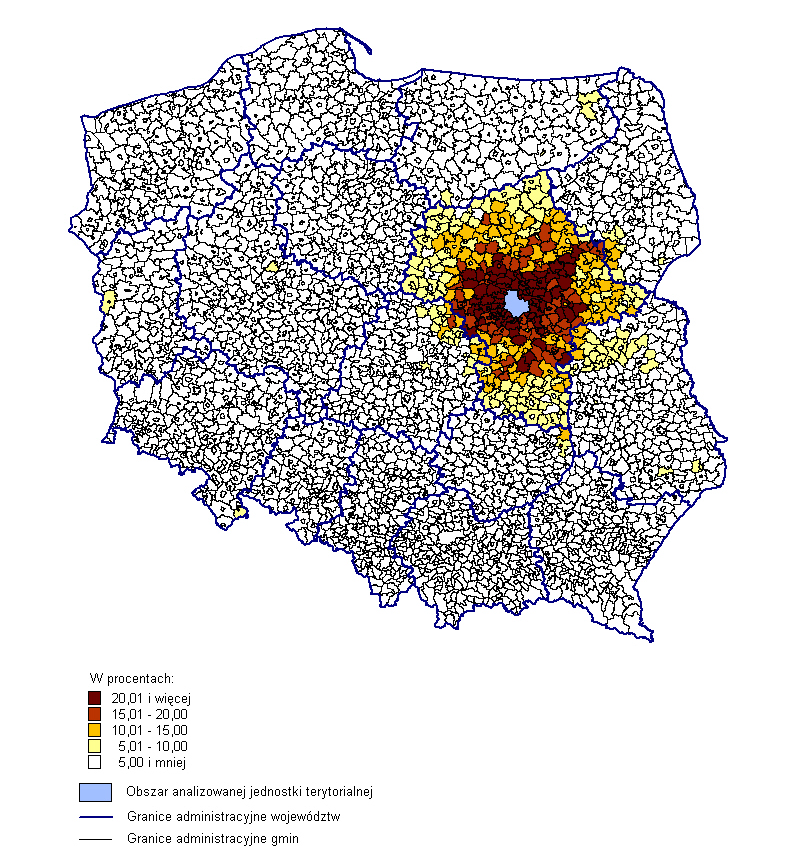 Dojazdy do pracy Udział przyjeżdżających do pracy w Warszawie w liczbie zatrudnionych w gminie zamieszkania w