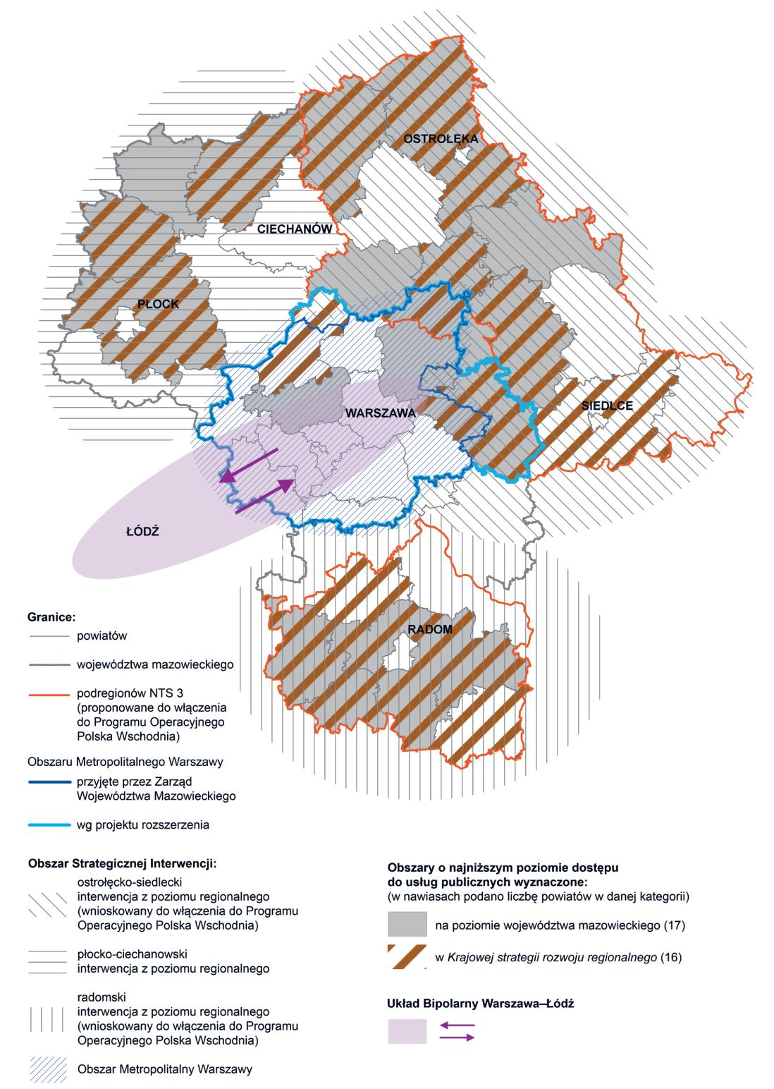 Obszary strategicznej interwencji (OSI) Biegun wzrostu: Obszar Metropolitalny Warszawy OSI problemowe: płockociechanowski, radomski i ostrołęcko-siedlecki Wybrane wskaźniki użyte przy