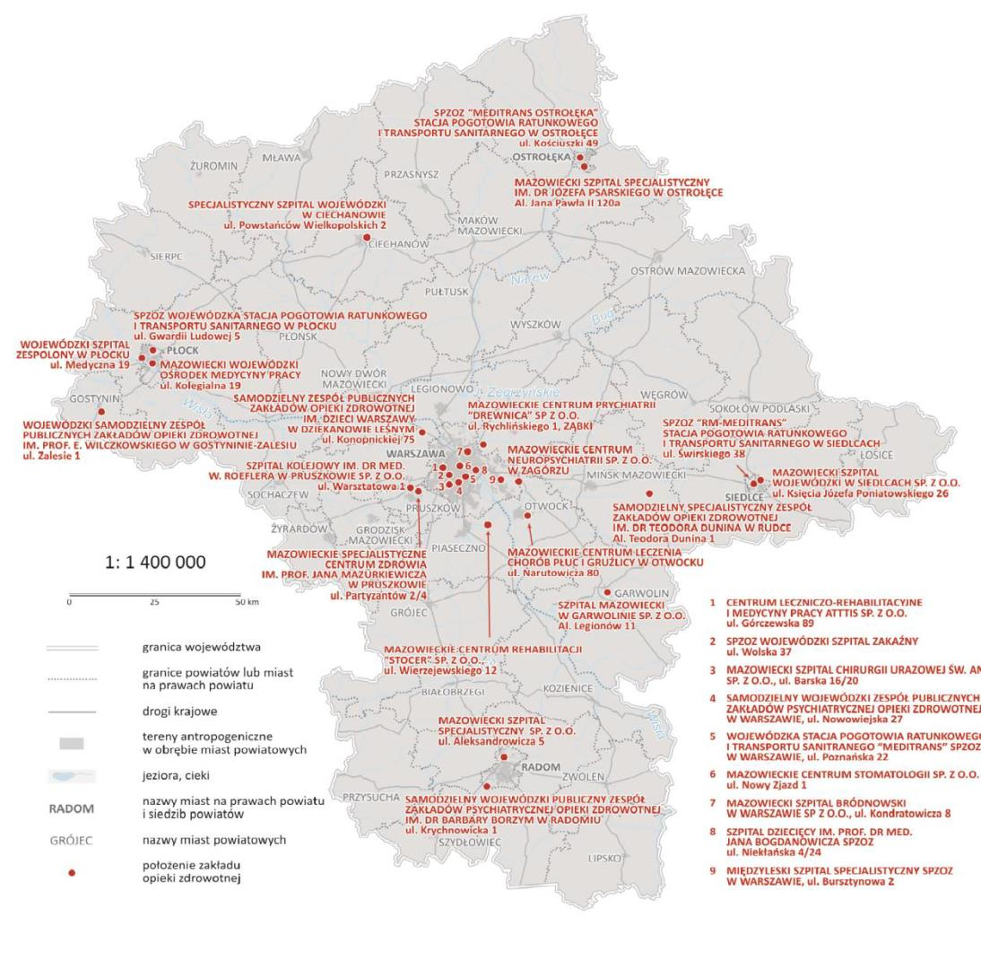 Podmioty lecznicze podległe Samorządowi Województwa Mazowieckiego 18 SPZOZ i 11 spółek prawa handlowego: 10 szpitali wielospecjalistycznych, 2 szpitale pediatryczne, 4 szpitale specjalistyczne inne