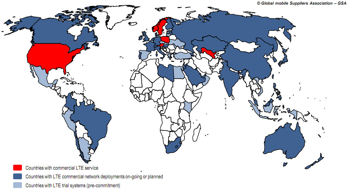 Status LTE na świecie 156 operatorów w 64 krajach pracuje nad uruchomieniem sieci LTE Uruchomiono 7 komercyjnych sieci LTE na świecie (w tym w