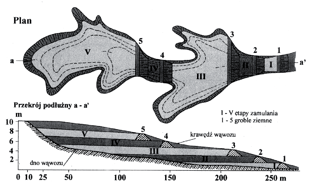 Plan Scheme Przekrój pod u ny / Longwise profile a a I V etapy zamulania / slime stages 1 5 groble ziemne / ground barriers kraw d w wozu / side of the gully dno w wozu / bottom of the gully RYSUNEK