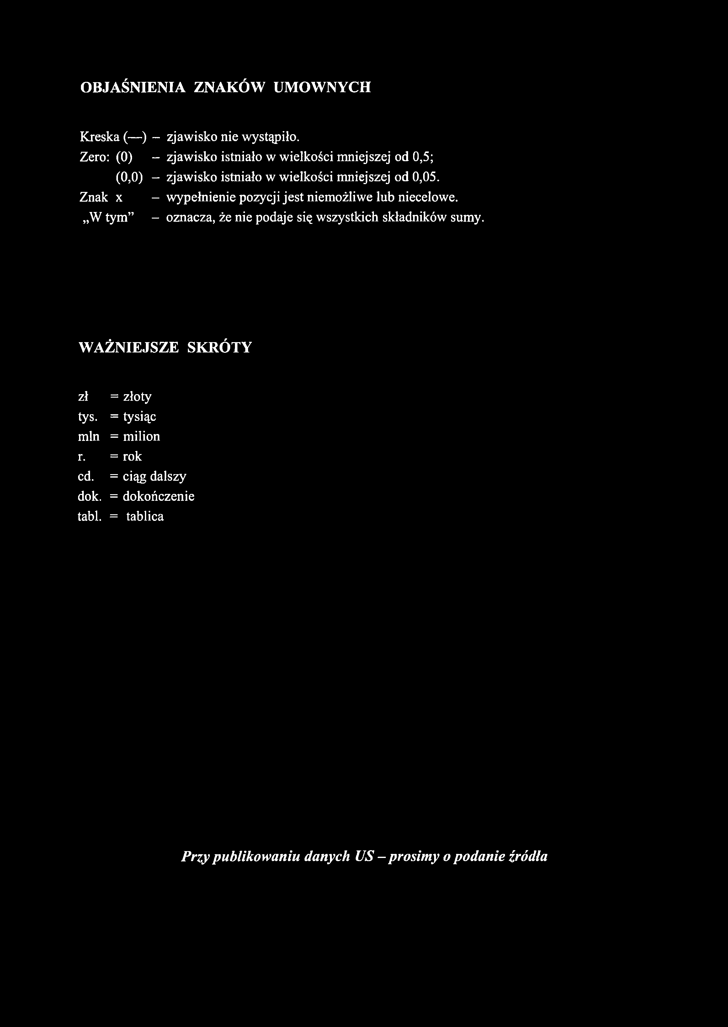 OBJAŚNIENIA ZNAKÓW UMOWNYCH Kreska ( ) - zjaw isko nie wystąpiło. Zero: (0) - zjawisko istniało w wielkości mniejszej od 0,5; (0,0) - zjawisko istniało w wielkości mniejszej od 0,05.