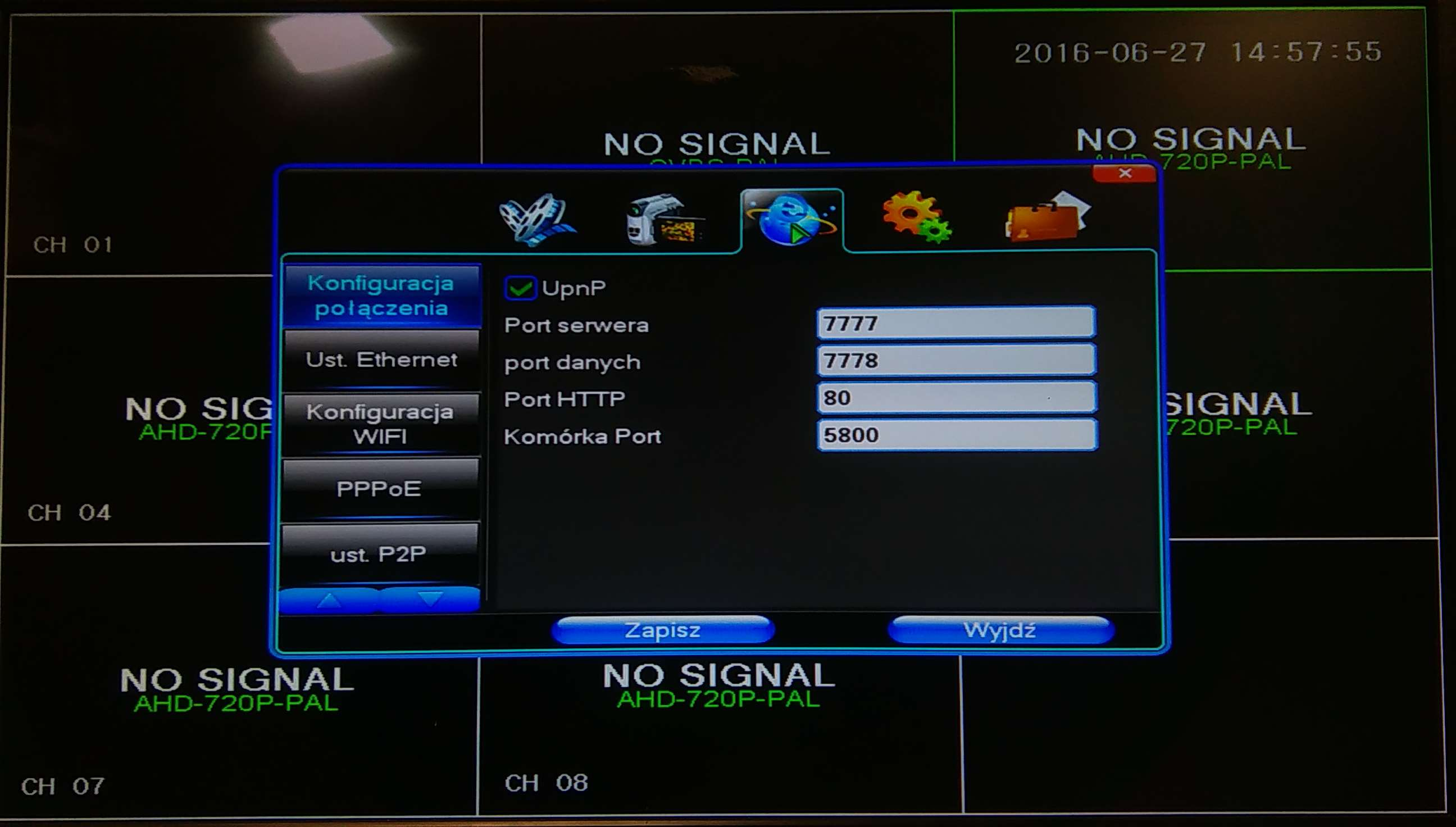 Fot.10 Widok Menu Głównego w zakładce Sieć, Konfiguracja Połączenia Ustawienia Ethernet umożliwiają skonfigurowanie sieci w przypadku podłączenia kabla sieciowego.