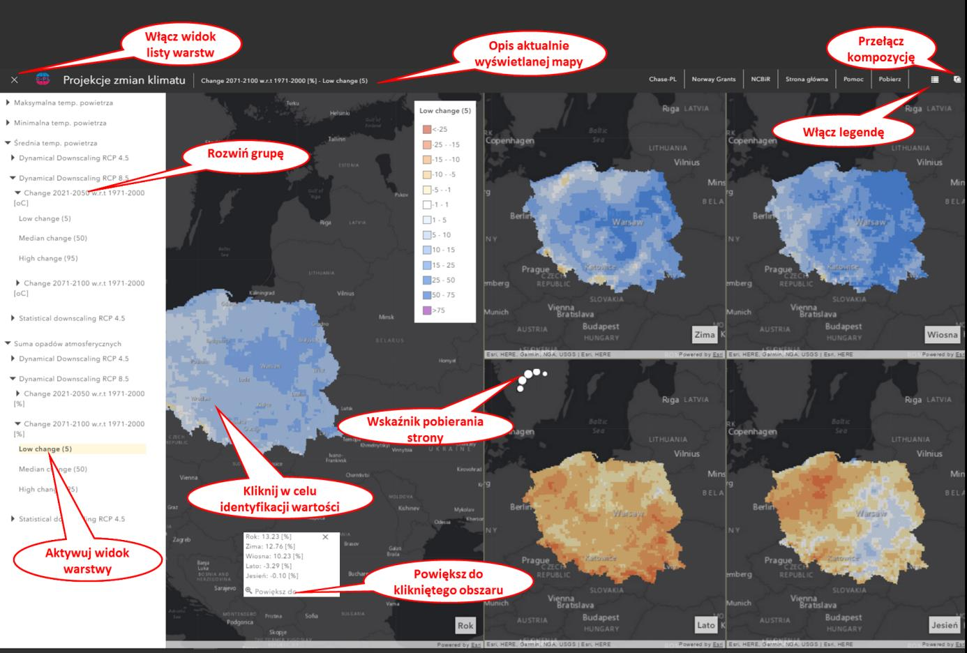 3.2 Aplikacja Projekcje Klimatyczne Aplikacja zawiera (stan na styczeń 2017) 180 map rastrowych i 60 punktowych (stacje meteo) prezentujących wyniki projekcji zmian klimatycznych dla bliskiej