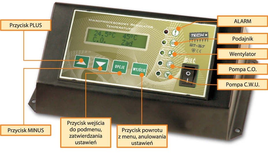 4 I. Opis Regulator temperatury ST 37 przeznaczony jest do kotłów C.O. Steruje pompą obiegu wody, pompą Ciepłej Wody Użytkowej (C.W.U.), nadmuchem (wentylatorem), oraz podajnikiem paliwa.