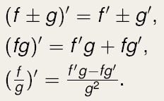 Pochodne, wzory, działania na pochodnych Jeżeli funkcje f i g mają pochodne,
