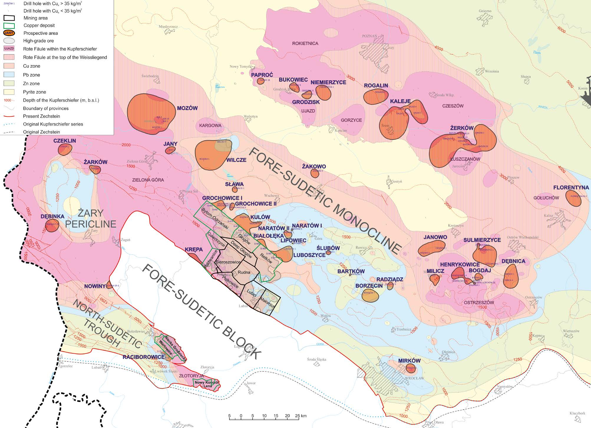 Oszczepalski et al. 2016 / Gospodarka Surowcami Mineralnymi Mineral Resources Management 32(2), 5 30 9 Fig. 2. Map showing prospective copper areas in relation to Rote Fäule areas and metal zoning patterns in the Zechstein copper-bearing series of SW Poland Rys.