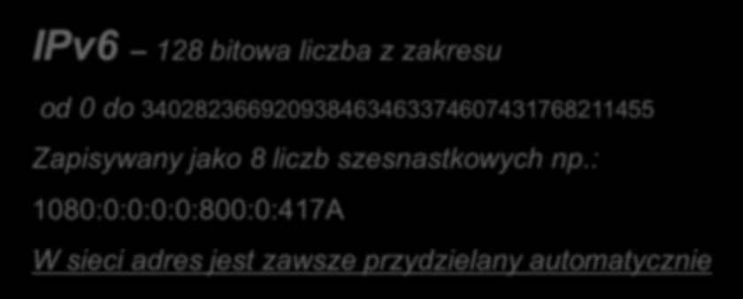 IPv4 32 bitowa liczba z zakresu od 0 do 4 294 967 295 Adres rzeczywisty: 2345456342 Binarnie: 10001011 11001100 11010010 11010110 W oktetach: 139.204.210.