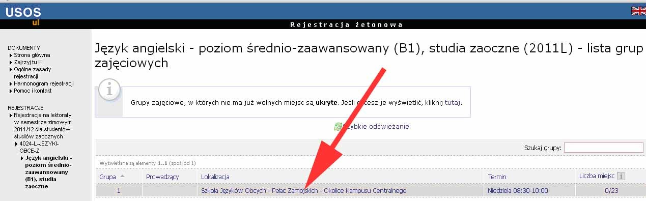 3. Wybieramy interesujący nas język (klikając na daną rubrykę w tabeli), poziom i grupę lektoratową. 4. Klikamy na link grupy lektoratowej. 5.