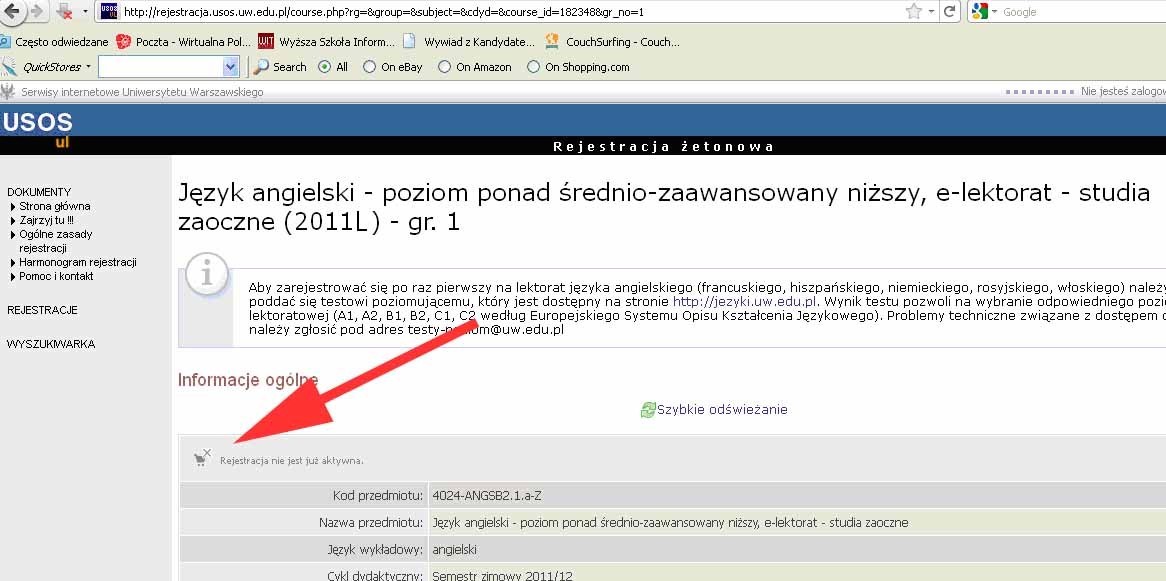 6. Znajdujemy lektorat przeznaczony dla naszego wydziału. 7. Po kliknięciu na grupę na górze strony pojawi się koszyk.sprawdzamy czy nad koszykiem jest zielona strzałka.