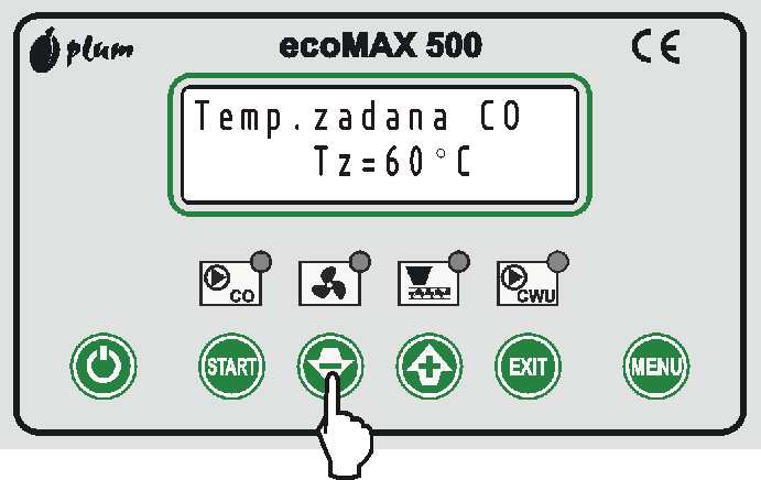 4.4 Ustawianie temperatury zadanej kotła CO Temperaturę zadaną kotła CO ustawia się przyciskami,,- lub,,+ w oknie głównym co odpowiednio zmniejsza lub zwiększa temperaturę zadaną kotła: CWU.