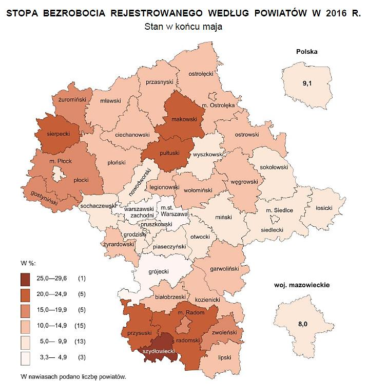 W województwie mazowieckim utrzymuje się duże terytorialne zróżnicowanie stopy bezrobocia.