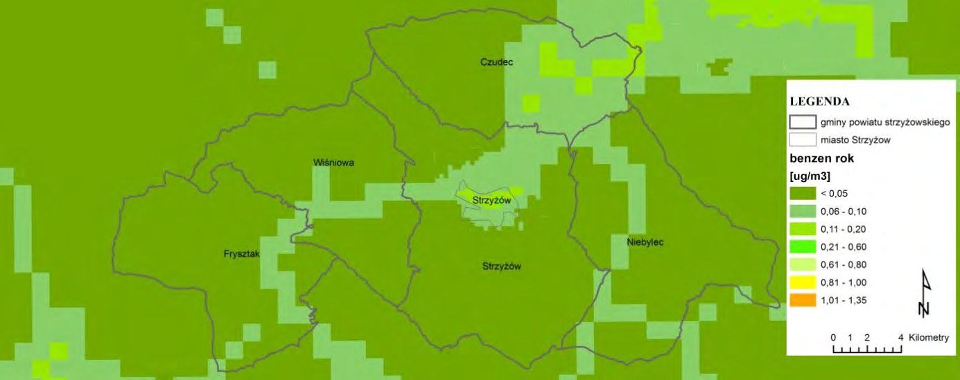 Rys. 3.5. Rozkład stężeń 1-godzinnych dwutlenku azotu na terenie powiatu strzyżowskiego w 2015 r.