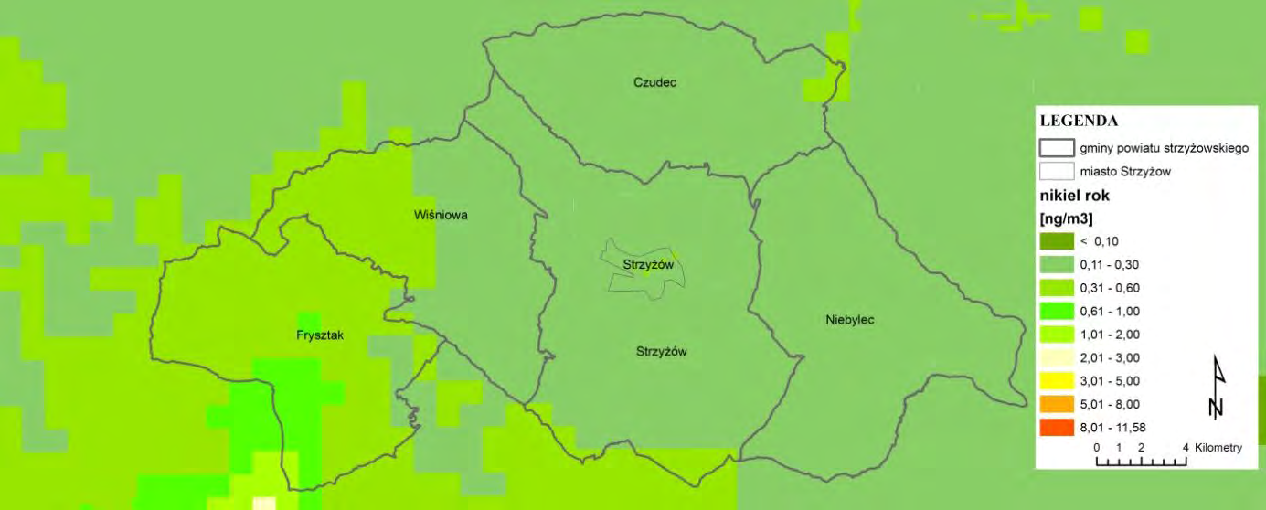 Rys. 3.7. Rozkład stężeń średniorocznych arsenu na terenie powiatu strzyżowskiego w 2015 r. - wyniki modelowania [1], [15] Rys. 3.8.