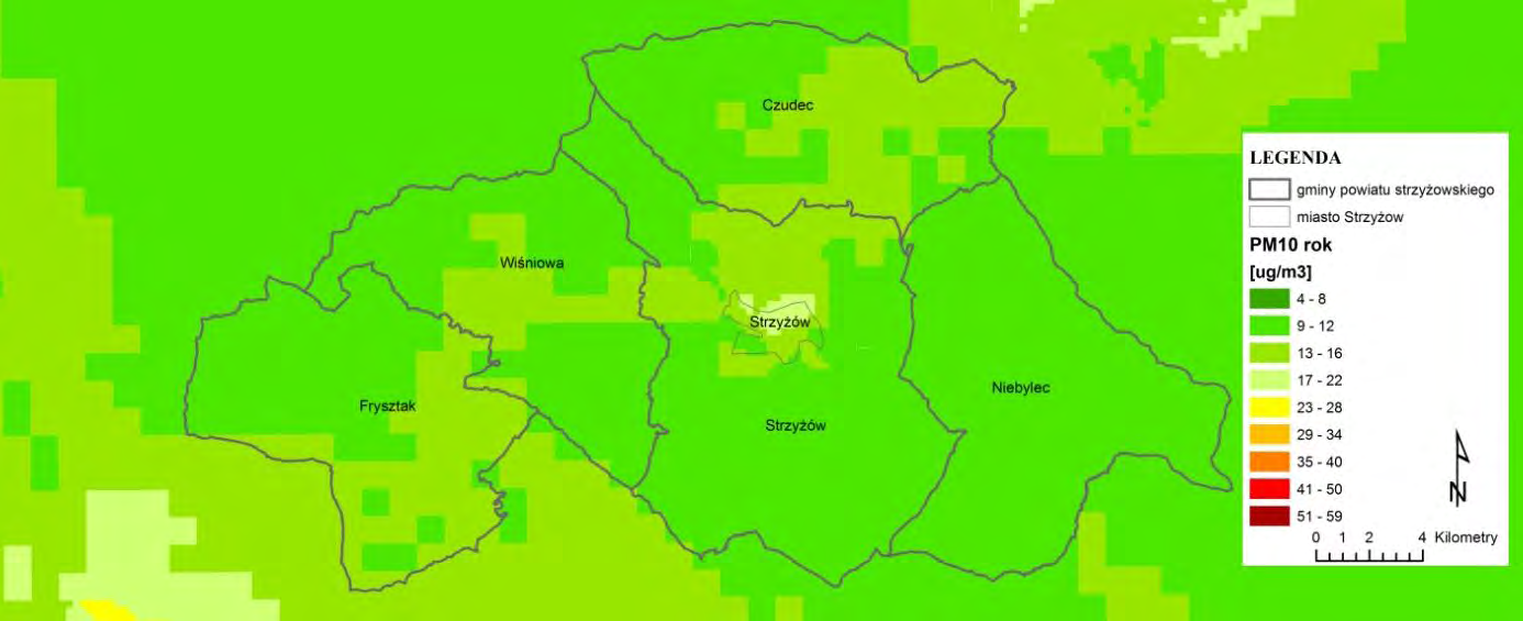 Rys. 3.10. Rozkład stężeń średniorocznych ołowiu na terenie powiatu strzyżowskiego w 2015 r.