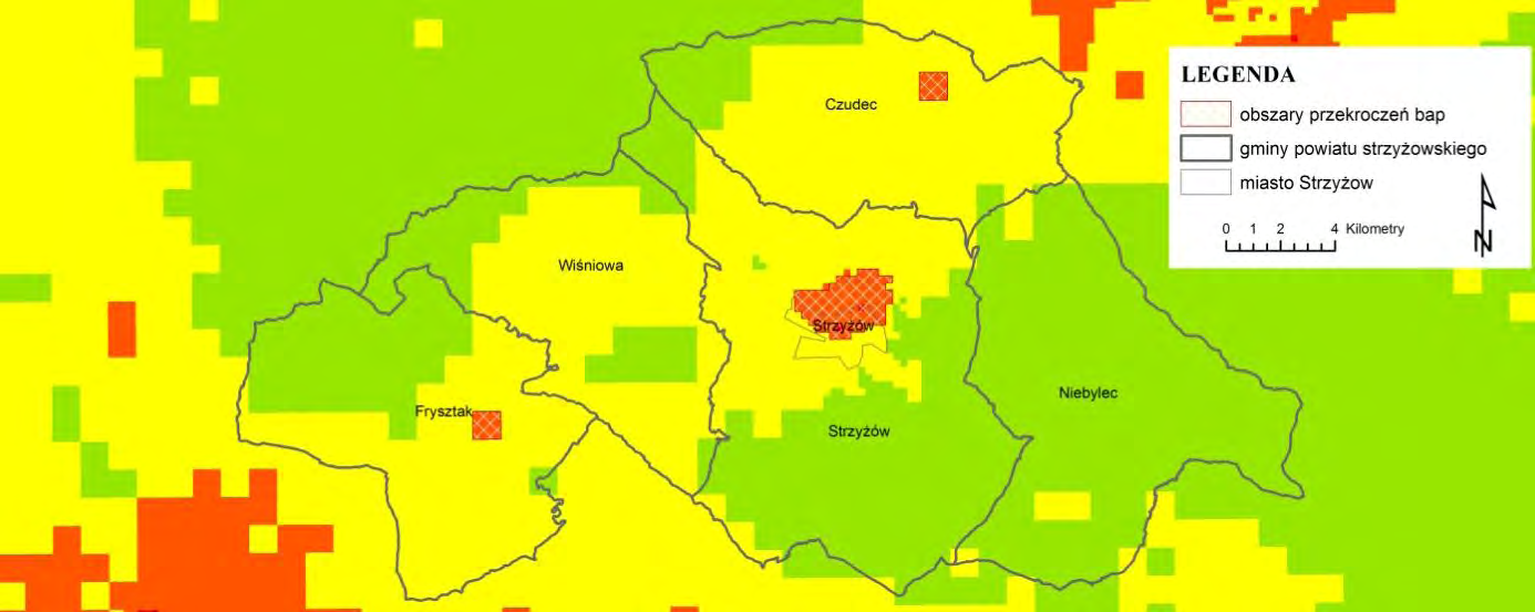 Wyniki modelowania zanieczyszczenia powietrza benzo(a)pirenem wykazały występowanie na terenie powiatu strzyżowskiego stężenia średniorocznego w przedziale 0,7-2,6 ng/m 3 tj.