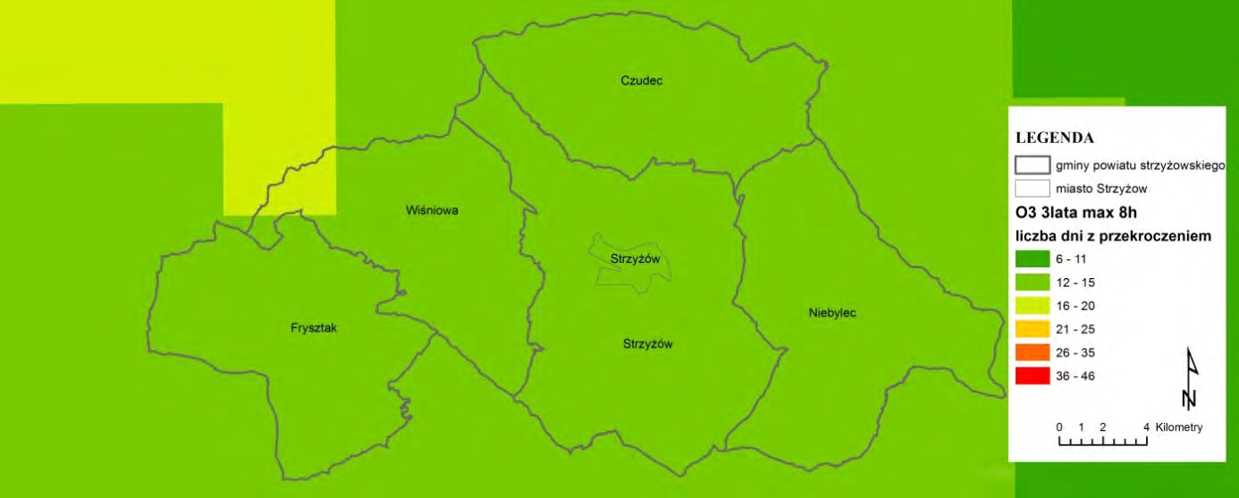 Rys. 3.17. Rozkład maksymalnych stężeń 8-godzinnych tlenku węgla na terenie powiatu strzyżowskiego w 2015 r. - wyniki modelowania [1], [15] Na obszarze powiatu strzyżowskiego w 2015 r.