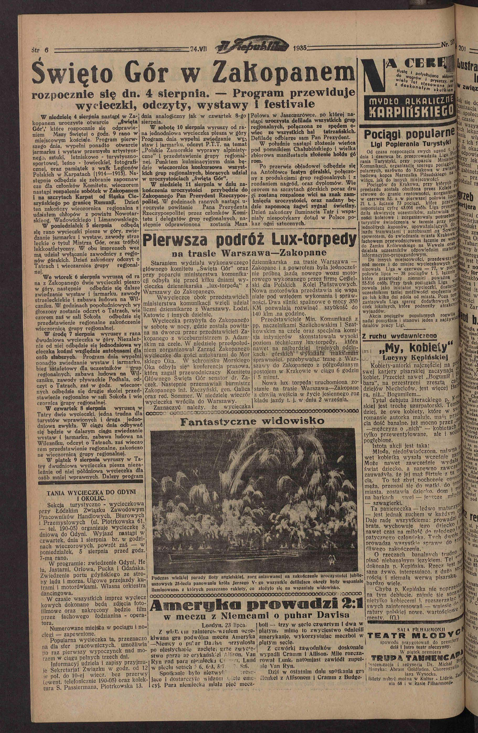 Str 6 - - Y, r :24.VI! 935; Śięto Gór ZaKopanem rozpocznie się dn. 4 sierpnia.