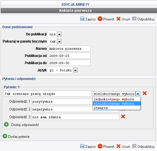 W przypadku kiedy zostanie wybrana aktualna data publikacja następuje natychmiast. e) Język pole wyboru wersji językowej.