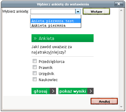 4. OSADZENIE ANKIETY W TREŚCI AKTUALNOŚCI Jak wcześniej wspomniano ankieta może być prezentowana w specjalnie przygotowanym na etapie produkcji polu bądź osadzona w treści aktualności.