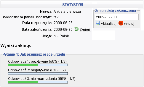 Aby wyświetlić statystykę danej ankiety należy kliknąć na jej nazwę. Rys. 10 Widok statystyki ankiety W oknie zostanie zaprezentowana informacja jak na rysunku 10.