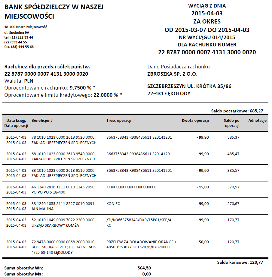 Rys. 46 Okno z wydrukiem wyciągu w formacie Typ 2 Nagłówek pliku SIMP po wybraniu Modyfikuj masz możliwość wyboru czy w nagłówku na wydruku zestawienia płatności masowych ma widnieć napis SIMP lub