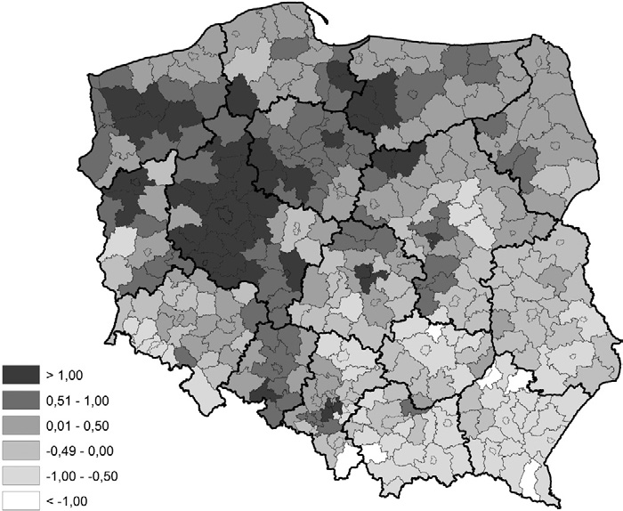 Cechy produkcyjne rolnictwa a poziom absorpcji środków wspólnej polityki rolnej w Polsce 93 Ryc. 1. Syntetyczny wskaźnik cech produkcyjnych rolnictwa 2010 r.