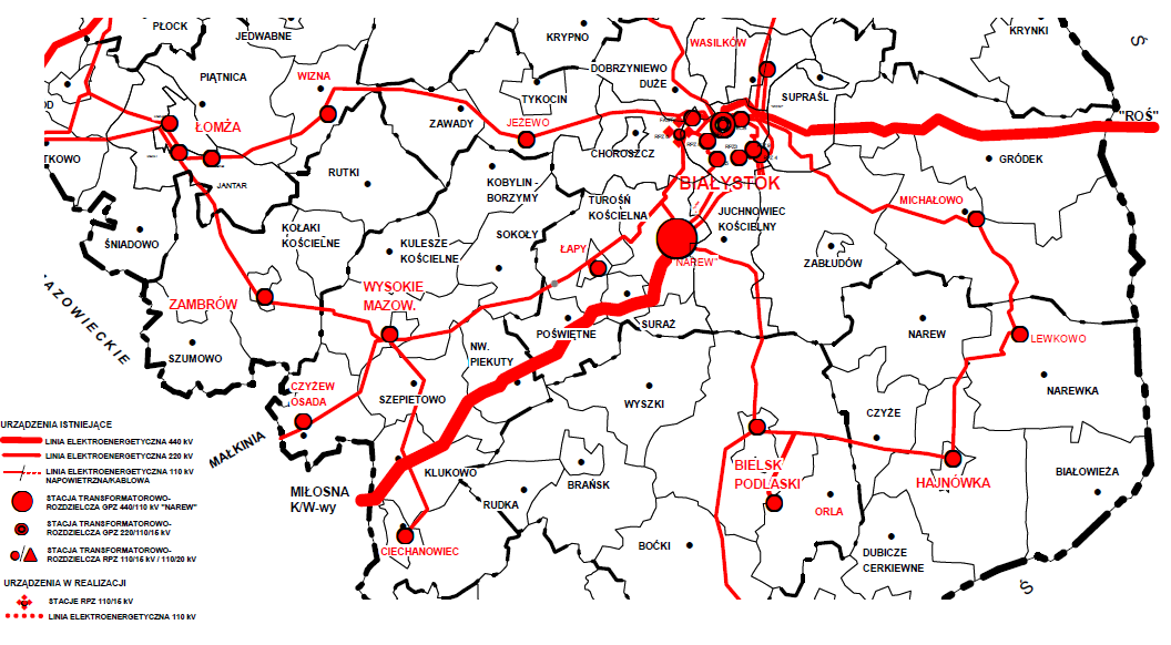 Rysunek 15. Sieć elektroenergetyczna w województwie podlaskim Źródło: Prognoza oddziaływania na środowisko Strategii Rozwoju Województwa Podlaskiego do 2020 r. 5.3.