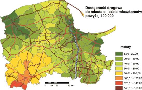 Źródła danych Źródła danych dostępność drogowa Dane o infrastrukturze drogowej Własny model prędkości i swobody ruchu Dostępność w minutach Dostępność do średnia dla wszystkich gmin wartość