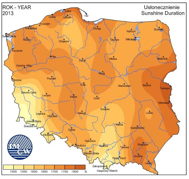 Rysunek 5. Usłonecznienie w Polsce w 2013 Źródło: www.imgw.pl Słońce jest niewyczerpalnym źródłem czystej energii. Z bogactwa tego można korzystać dzięki modułom fotowoltaicznym i systemom solarnym.