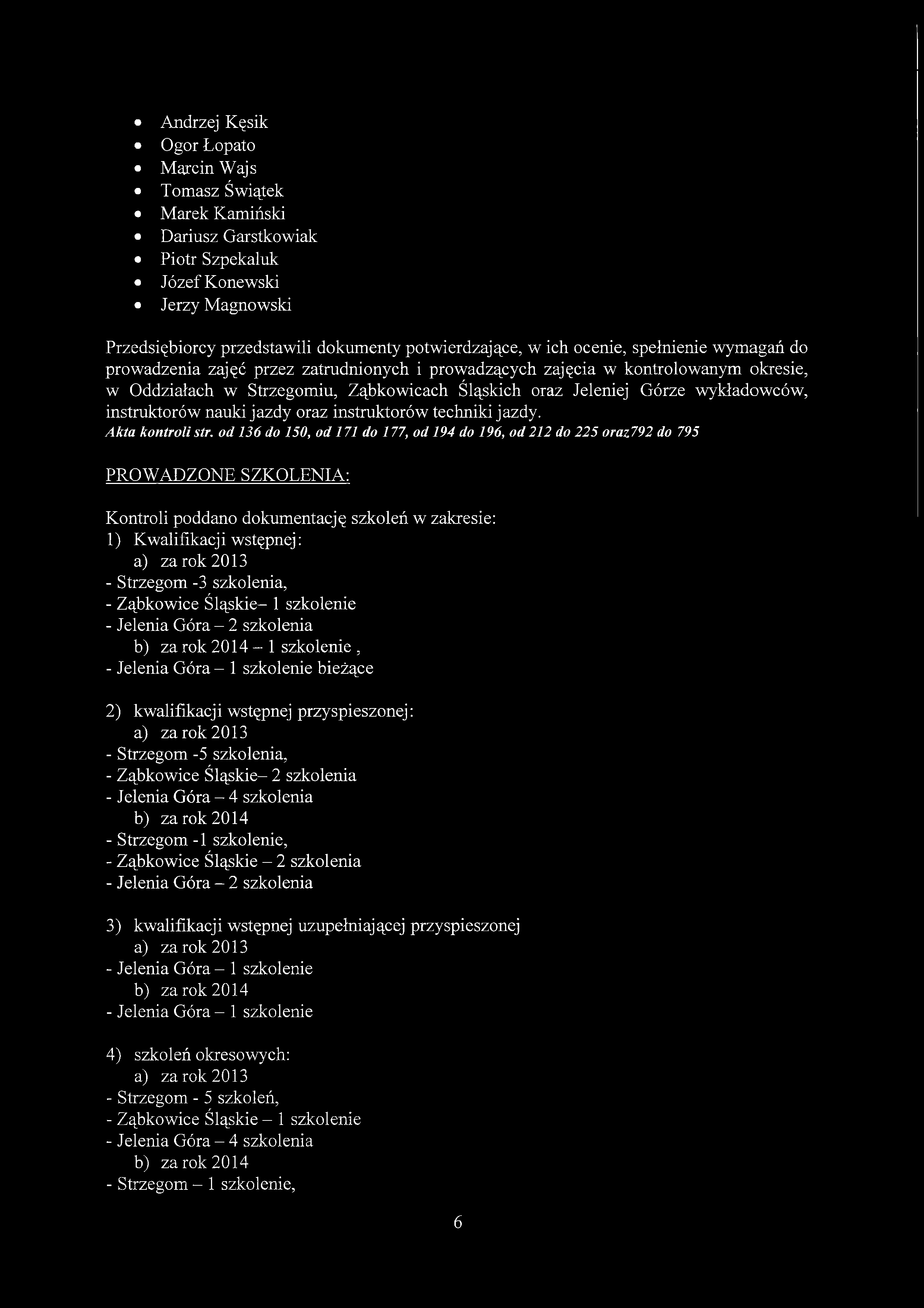 Andrzej Kęsik Ogor Łopato Marcin Wajs Tomasz Świątek Marek Kamiński Dariusz Garstkowiak Piotr Szpekaluk Józef Konewski Jerzy Magnowski Przedsiębiorcy przedstawili dokumenty potwierdzające, w ich