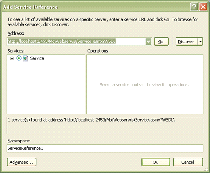 WebService C# Klient W solution Explorerze klikamy prawym na MojKlientWS i wybieramy Add Service Reference