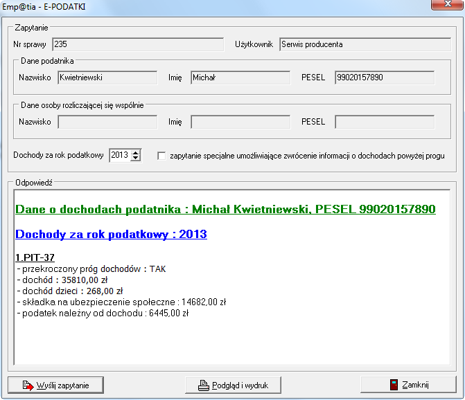 Po potwierdzeniu komunikatu przez OK program, nie blokując pozostałych funkcji w programie, będzie oczekiwał na odpowiedź z serwera bazy e-podatki.