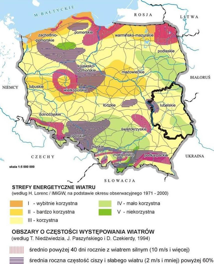 Rysunek 4 Strefy energetyczne wiatru z uwzględnieniem prędkości wiatru na wys.