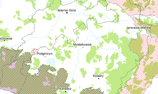 Specjalne Obszary Ochrony (shadow list) Źródła Pijawnika położone w odległości 8,5 km od wskazanego obszaru. Lokalizację w/w obszarów względem Kowar przedstawiono na mapce. Rysunek 2.