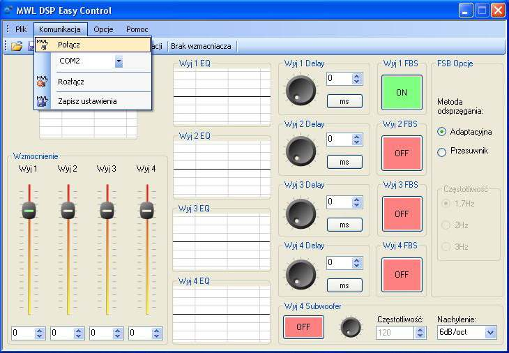 Po wybraniu portu nale y wybraæ polecenie Po³¹cz w menu Komunikacja. Po po³¹czeniu komputer rozpoczyna czytanie ustawienia DSP wzmacniacza.