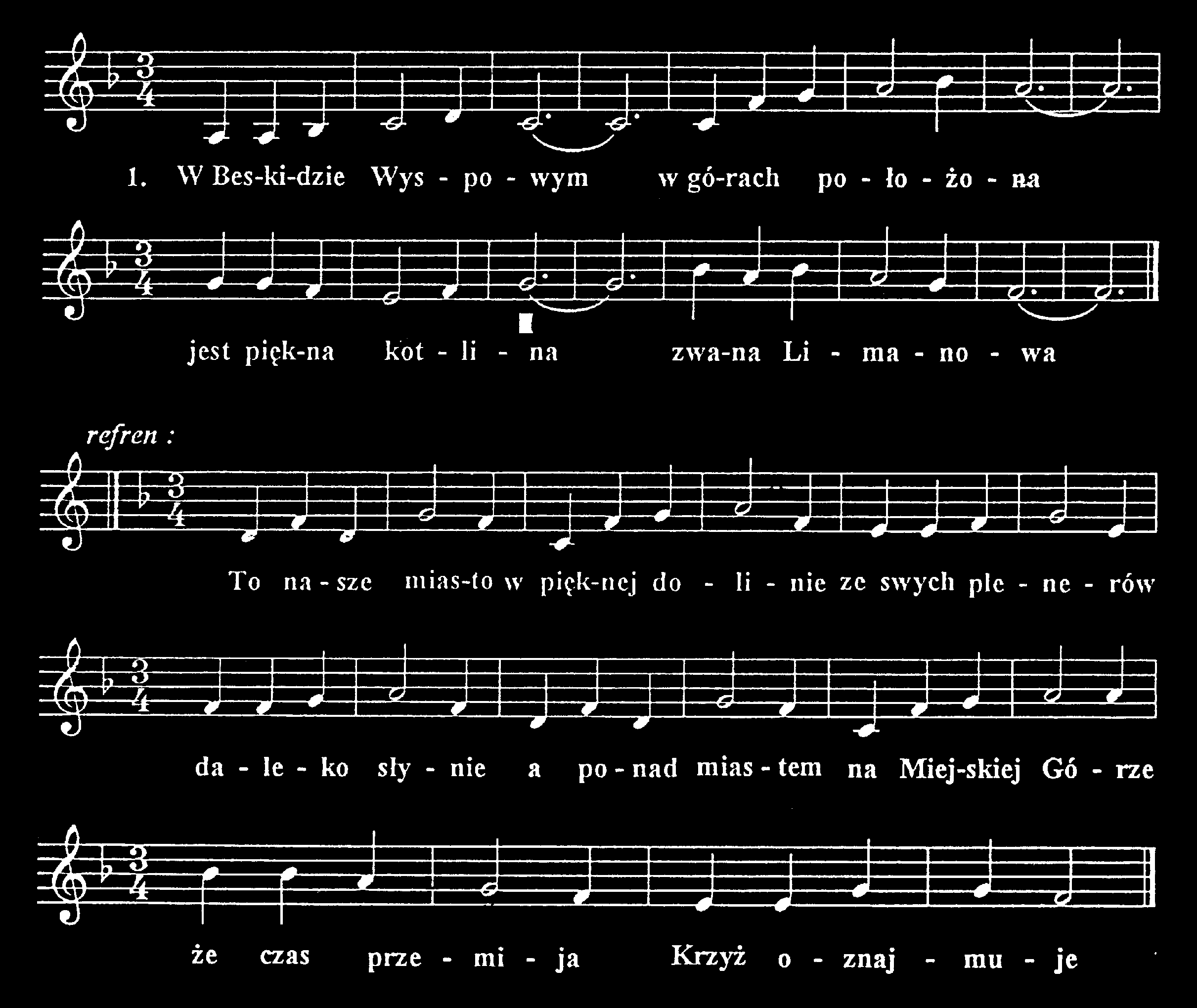 słowa i muzyka: Ludwik Mordarski To nasze miasto W Beskidzie Wyspowym w górach położona jest piękna kotlina zwana Limanowa.