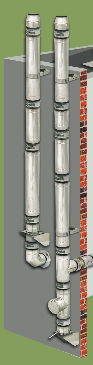 KOMINY DWUSCIENNE IZOLOWANE PRO gaz, olej opałowy 10 kotły z otwartą komorą spalania (system pracujący w podciśnieniu) 18 15 maksymalna temperatura spalin 400 O C gatunek materiału (stal nierdzewna)