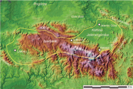 Ryc. 6. Granice plutonu karkonoskiego na tle ukształtowania terenu Sudetów Zachodnich i położenia głównych jednostek geograficznych Czy Śnieżka jest zbudowana z granitu?