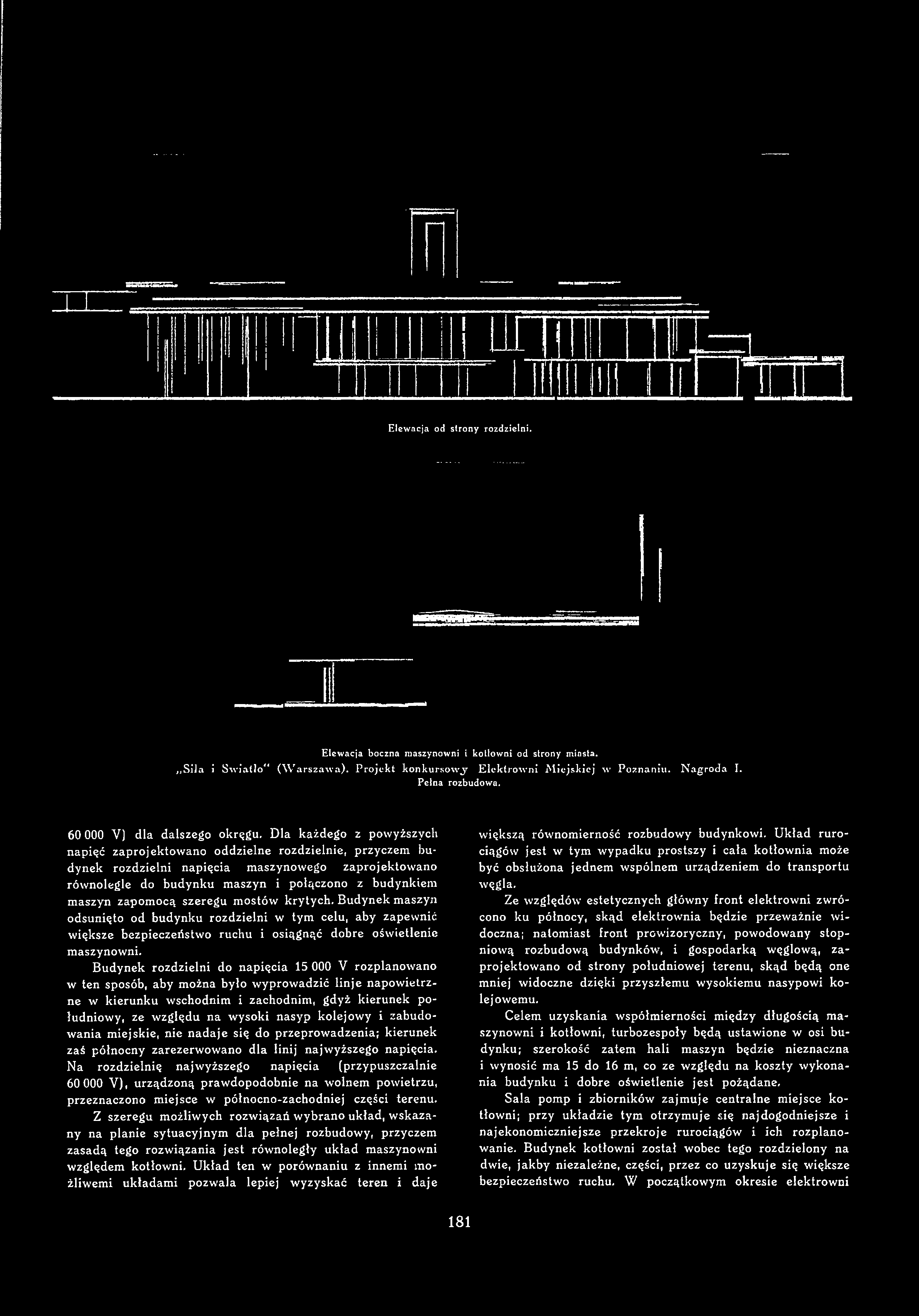 Elewacja od strony rozdzielni. Elew acja boczna maszynowni i kotłowni od strony miasta. Siła i Światło (W arszawa). Projekt konkursowy Elektrowni Miejskiej w Poznaniu. Nagroda I. Pclna rozbudowa.