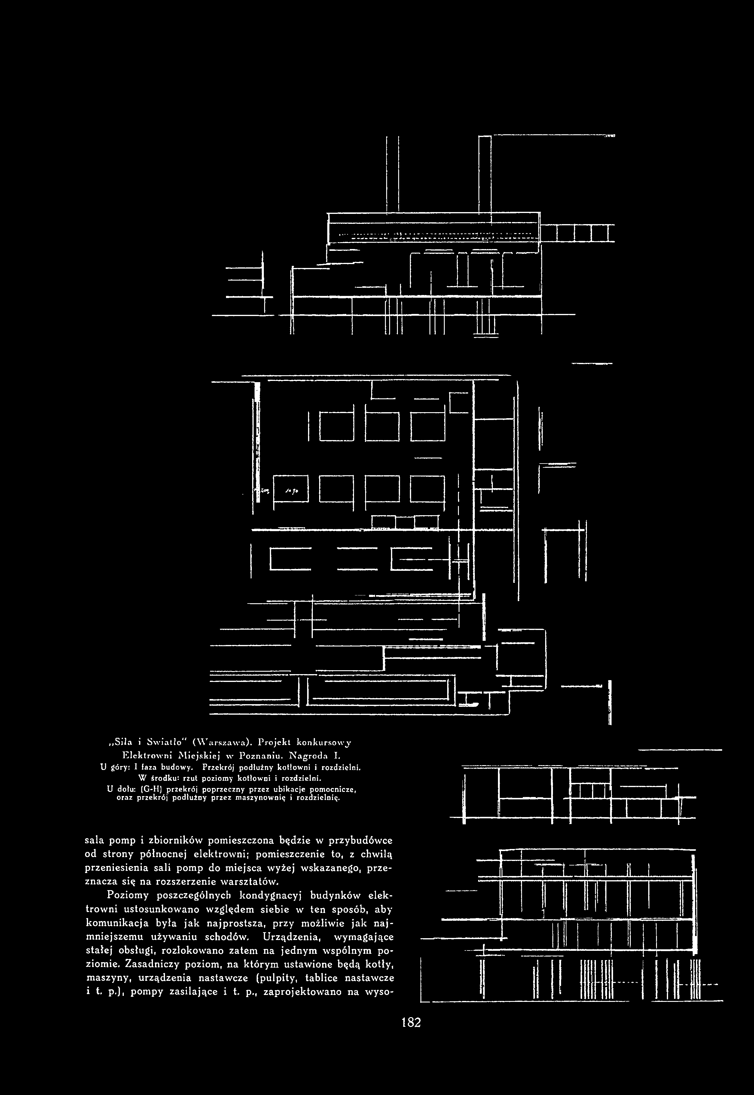 Siła i Światło** (W arszawa). Projekt konkursowy Elektrowni Miejskiej w Poznaniu. Nagroda I. U góry: I faza budowy. Przekrój podłużny kotłowni i rozdzielni.