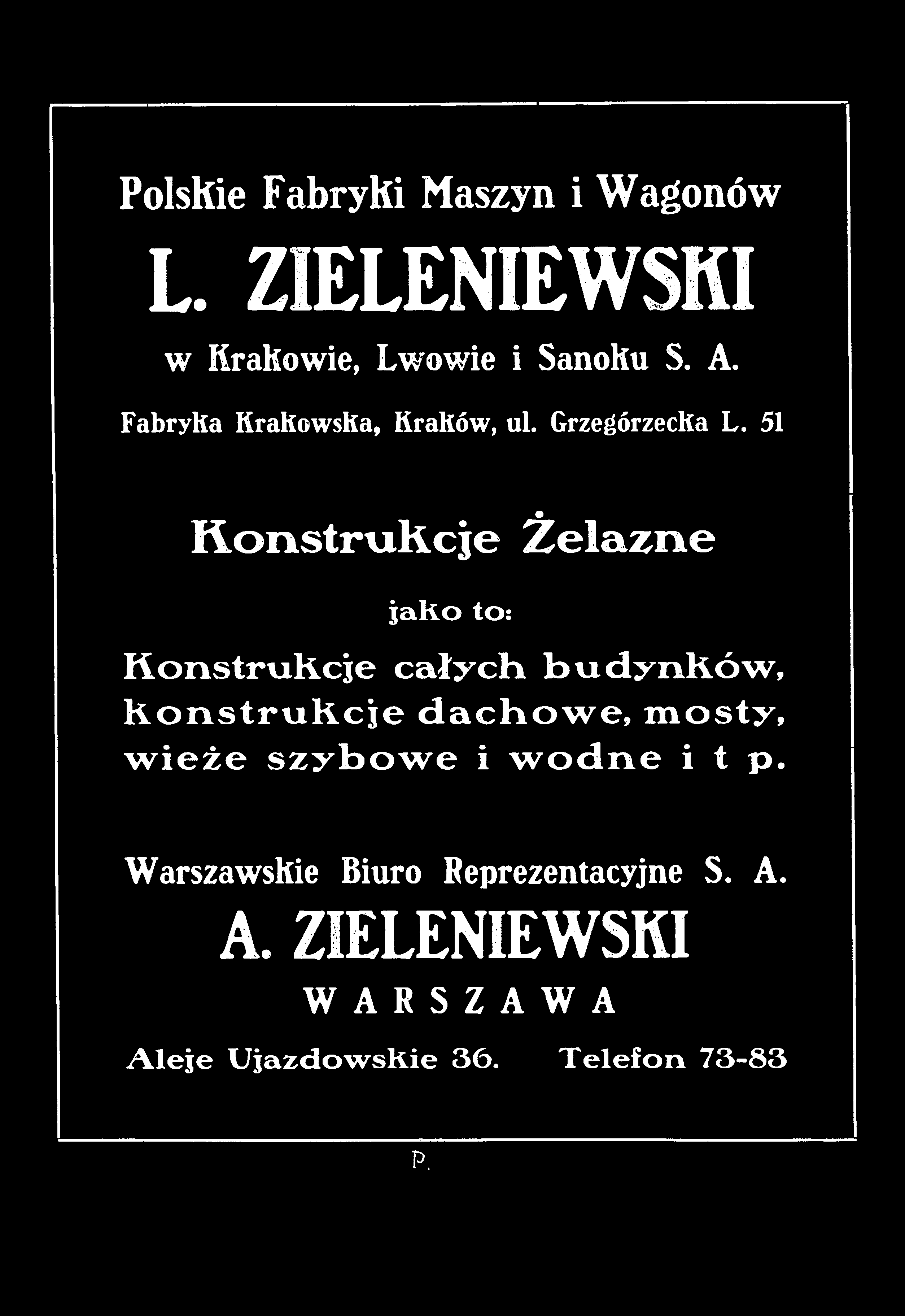 PoIsKie Fabryki Maszyn i Wagonów L. ZIELENIEWSKI w Krakowie, Lwowie i SanoKu S. A. Fabryka Krakowska, Kraków, ul. Grzegórzecka L.