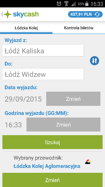 Instrukcja zakupu oraz kontroli biletów za pomocą systemu SkyCash Opis procesu zakupu biletu przy użyciu telefonu komórkowego W celu zakupu biletu pasażer z ekranu głównego aplikacji wybiera kafel