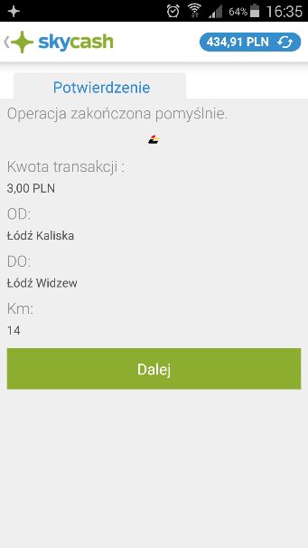 W kolejnym kroku pasażer wybiera źródło płatności (przedpłacone konto SkyCash lub zarejestrowane karty płatnicze) i autoryzuje transakcję w zależności od wybranego źródła pieniądza.