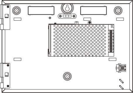 Rozdział 2: Montaż Rysunek 4: Układ małej obudowy i płyty głównej (centrala z dwoma pętlami) 1. Złącza pętli i systemu przeciwpożarowego 2. Poziomica 3. Uziemienie 4. Złącze Ethernet 5.