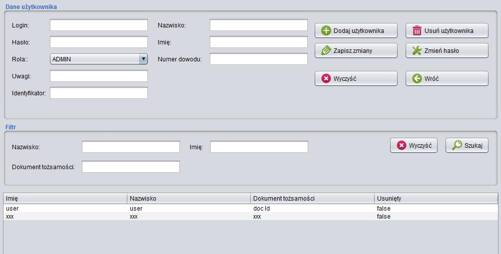 9. Użytkownicy: Funkcja Użytkownicy służy do dodawania oraz usuwania użytkowników programu.