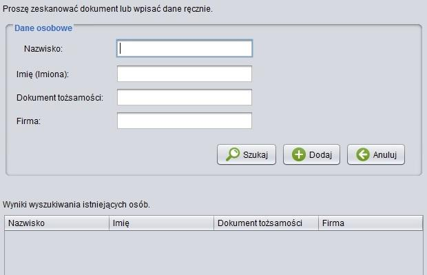 3. Tworzenie przepustek skanowanie dowodu: Po kliknięciu na ikonę Dodaj przepustkę pojawi się nam pierwsze okno. Mają się tam znaleźć podstawowe dane osoby dla której jest wystawiana przepustka.