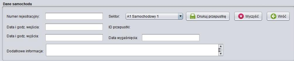 5. Tworzenie przepustki samochodowej: Po kliknięciu ikony Dla samochodu pojawi się nam okno dodawania przepustki dla pojazdu.